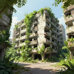 brutalist architecture by le corbusier, abandoned derelict buildings, damaged structures, empty streetscapes, surrounded by lush green vegetation, volumetric lighting, digital painting, highly detailed, artstation, sharp focus, illustration, concept art, ruan jia, steve mccurry, amazing composition