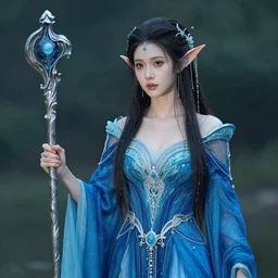 photograph of a real - life very beautiful elemental water witch with ornate blue robs and staff, extremely detailed. dslr. 8 5 mm.