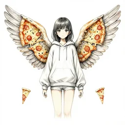 portrait of a fairy girl, wearing a hoodie and sweatpants, symmetrical wings, wings made of pizza, basic white background, symmetrical, watercolor, pen and ink, intricate line drawings, by Yoshitaka Amano, Ruan Jia, Kentaro Miura, Artgerm, detailed, trending on artstation, hd, masterpiece,