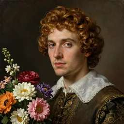 close - up portrait of young man with short curly amber hair, dressed in 1 7 th century style, beautiful, holding colourful flowers bouquet, cinematic lighting, highly detailed, digital art, oil painting, highly detailed, sharp focus, matte painting, renaissance painting, by kinkade, by alphonse mucha, by leyendecker, by rutkowsky,