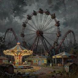 classic oil painting, an abandoned amusement park, as a dnd cover illustration, thrill rides, extremely ominous, haunted, concept art, highly detailed, smooth, sharp focus, art by brothers hildebrandt