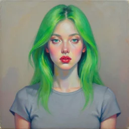 a psychedelic woman with green hair wearing a cool grey shirt, by ross tran, oil on canvas