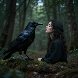 !!!!!! werecreature consisting of a crow and a human, photograph captured in a dark forest