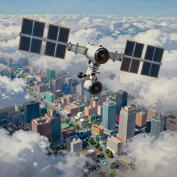 a beautiful painting of a satellite view of glitched city behind clouds, by oliver vernon