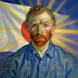 Filthy Frank wearing blue dirty spaghetti stained dress shirt, rule of thirds,  accurately portrayed, portrait art by Vincent van Gogh, highly detailed, digital painting, concept art, illustration, Japanese emperial flag with twilight rays of sunlight, trending on artstation, very detailed, smooth, sharp focus, octane render, close up
