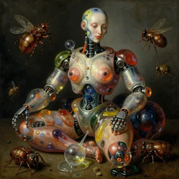 strange seductive futuristic robot body, enticing colorful oil masterful painting dutch golden age vanitas still life splendid composition with bulbous luscious objects strange gooey transparent surfaces shiny metal reflections bizarre mutant meat insects rachel ruysch dali todd schorr very detailed perfect composition rule of thirds masterpiece canon 5 0 mm, cinematic lighting, photography, retro, film, kodachrome