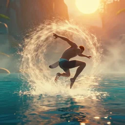 aang waterbending, cinematic, color grading, camcorder effect, side - view, warm color palette, colorful, technicolor, 3 d, sunlight, mist, ray tracing reflections, post - production, by weta digital, by weta fx, by wlop