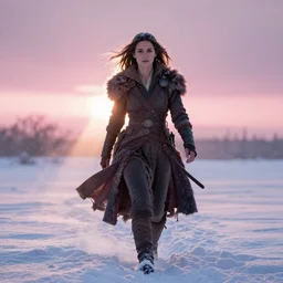 epic portrait of Mila Kunis as a warrior walking through deep snow, sun rays through snow, pink golden hour, cold stormy wind, intricate, highly detailed, shallow depth of field, epic vista, Ralph Horsley, Daniel F. Gerhartz, Artgerm, Boris Villajo, Lilia Alvarado