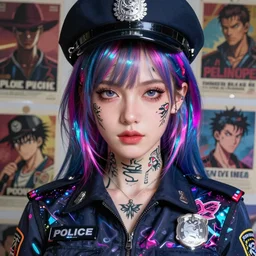 police officer girl very very anime!!! fine face, audrey plaza, realistic shaded perfect face, fine details. anime. realistic shaded lighting cyberpunk futuristic neon tattoos styled hair reflective puffy sheen film jacket decorated poster by ilya kuvshinov katsuhiro otomo ghost in the shell magali villeneuve artgerm jeremy lipkin michael garmash rob rey