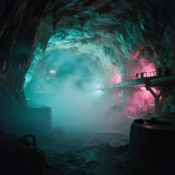 high - tech cave city, volumetric light, foggy, moody, kodak photography, slow shutter speed, cyan and pink light