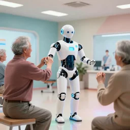 a robot doctor demonstrating physical exercises to older adult human patients, ultra HD realistic wide focus 8k ultra soft light RTX on VFX octane render pixiv pinterest colorful more reflection OLED