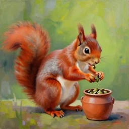 painting of a red squirrel stealing avocado seeds from a pot. abstract surreal art