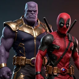 an insanely detailed portrait of thanos versus deadpool, highly detailed, in the style of peter mohrbacher, dramatic lighting and composition, octane render, trending on artstation, concept art 8 k