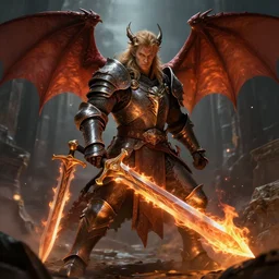A Dragonborn Paladin brandishing a flaming sword