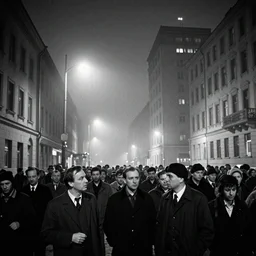 1990s movie still of a german street with a large crowd of philosophers, with stalinist style highrise, cinestill 800t 35mm black and white, heavy grainy picture, very detailed, high quality, 4k panoramic, hd criterion streetlight at night, foggy