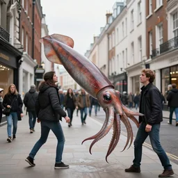 a photograph of an enormous squid attacking a professional looking man in a london high street. bypassers walk past without any care