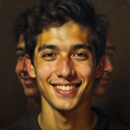 smiling!!! man portrait, symmetrical face, pleasant, relaxed, mysterious atmospheric lighting, painted, intricate, volumetric lighting, rich deep colours masterpiece, golden hour, sharp focus, ultra detailed, by leesha hannigan, ross tran, thierry doizon, kai carpenter, ignacio fernandez rios