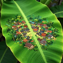 very very kerala village by wlop, on a gigantic green plantain leaf by ilya kuvshinov, rtx rendering, octane render 1 2 8 k, maya, extreme high intricate details by tom bagshaw, digital anime art by ross tran, medium shot, close up shot, composition by sana takeda, lighting by greg rutkowski