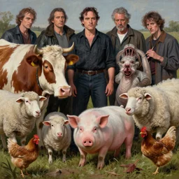 a hyper detailed painting of joaquin phoenix surrounded by farm animals, cow, pig, sheep, chicken, horror, by anna podedworna, by miklos ligeti, by diego maricato, by taran fiddler, by antonino truisi, by chris reddie, by jinsung lim, trending on artstation