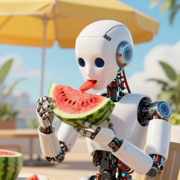 a robot eating watermelon under a sun umbrella on a summer day, sharp focus, extremely detailed, featured in artstation, digital art, art by michael winklemann, intricate