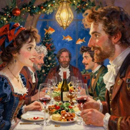 closeup profile portrait of victorian christmas dinner, nicoletta ceccoli, mark ryden, lostfish, max fleischer, hyper realistic, artstation, illustration, digital paint, matte paint, vivid colors, bright, cheerful, detailed and intricate christmas environment