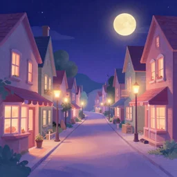 curved perspective digital art of a summer night small town street pastel colors from tim burtons nightmare before christmas, 1 5 deg camera angle