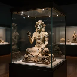 « ancient mystic doomed relic exposed in a box of glass inside a dark museum, photorealistic, ultra detailed, lighted with museum luxury lighting »