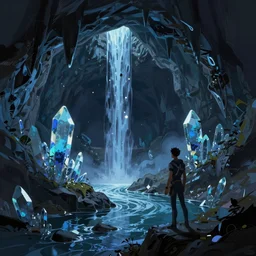 concept art by ismail inceoglu and sparth, cel shaded, cinematic shot, trending on artstation, high quality, brush stroke, vibrant colors, late at night, dark underground crystal caves, streams, waterfalls