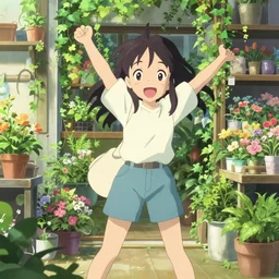 anime visual of a happy young girl in a florist's store interior with lush overgrowth, ivy, foliage, flowers, cute face by ilya kuvshinov, makoto shinkai, kyoani, masakazu katsura, dynamic pose, crisp and sharp, yoshinari yoh, rounded eyes, anime poster, cel shaded
