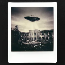 old polaroid of one ufo flying above an abandoned hospital during world war 2, award winning, fallout, nuclear ashes, pictorialism, black and white, god rays