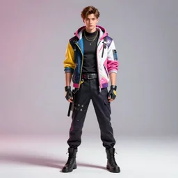 full body portrait view high quality render realistic high detail cinematic digital concept art of a young man dressed in stylish future clothing with face visible by artgerm and greg rutkowski and marc simonetti, valorant, fortnite, artstation trending, vibrant colour and blank background,