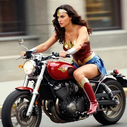 Gal Gadot dressed as Wonder-woman riding a motorcycle