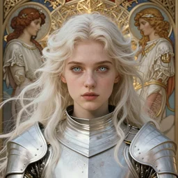 beautiful and victorian and holy and divine and elite young medieval female white armor knight portrait +shinny eyes+front face with light flowing hair, ultradetail face, art and illustration by tian zi and craig mullins and WLOP and alphonse mucha, fantasy, intricate complexity, human structure, human anatomy, fantasy character concept,  watermark, blurry, hyperrealism 8k