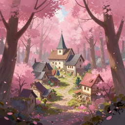 hidden forest town, pink leaves, artstation, jakub rozalski