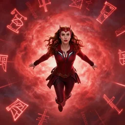 film still of Natalie Portman as Wanda Maximoff Scarlett Witch flying in red clouds casting a hex surrounded by glowing glyphs in Multiverse of Madness, 4k