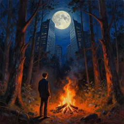 a realistic oil painting of a moonlit forest at night with a bonfire, there's a man in a suit near the fire with his back turned away from the viewer, the top of the trees have morphed into a worm's eye view of art deco skyscrapers surrounding the moon, the painting has cold blues at the top and warm orange colors at the bottom