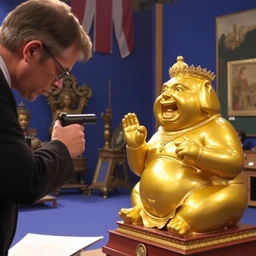 antiques roadshow shot of an examination of a golden big chungus statue