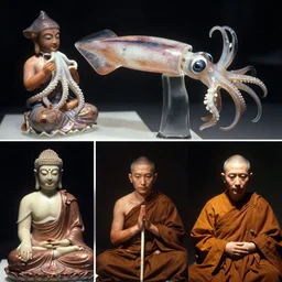 a perfect orthogonal collage of 3 5 mm film photos of squid human buddhist and catholic monks. all of whom have skin octopus transplants. a human tragedy played in the format of a porcelain sculpture of glassy squid. perfect studio focus and gallery lighting. photography by brassai