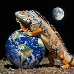 a humongous iguana on earth, EARTH, earth, earth outside, outside ,outside in space, space, space