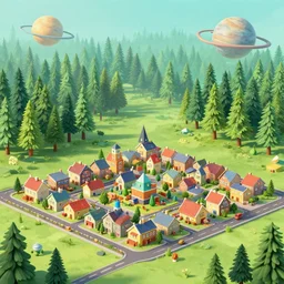 a small town on an alien planet with an alien forest in background, from a space themed point and click 2D graphic adventure game, made in 1999, high quality graphics