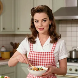 mila kunis intricate face portrait of perfect 1 9 5 0 s suburban house wife cooking a meal in 1 9 5 0 s kitchen, ben ross