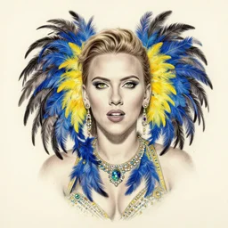 symmetrical, scarlett johansson, wearing brazilian carnival feathers outfit, eyes and irises drawn by jose vergara, wide angle lens, full body profile, splash of colour, ultimate portrait painting, pencil and ink, charcoal, ultrafine design, ultimate perfect, 1 9 4 0 s hair style, greg rutkowski, wide angle lens, hyperrealism, realistic lighting
