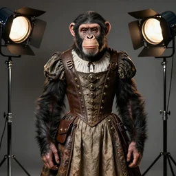 Jared Leto As the Chimpanzee Cornelius in The Planet of the Apes, he is wearing a Steampunk androgynous victorian era dress designed by Sandy Powell, Studio Lighting, Highly detailed Chimpanzee facial prosthetics by Rick Baker, Studio Lighting, Shot in the Style of Annie Leibovitz