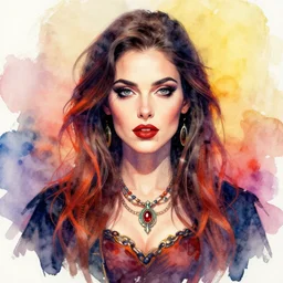 A beautiful portrait of a woman cult leader, frontal, digital art, vibrant color scheme, highly detailed, in the style of Watercolor expressionist