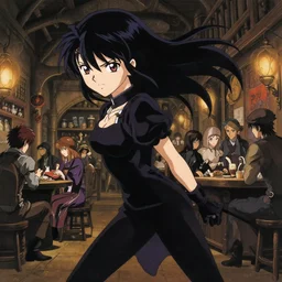 anime visual, portrait of a young female in a busy fantasy medieval tavern interior at night, face by yoh yoshinari, murata range, last exile, blue submarine no 6, dynamic pose, dynamic perspective, detailed silhouette, cel shaded anime, seven deadly sins anime, anime artbook, anime cels, matte color, intricate, detailed