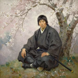 an oil painting of a samurai warrior sitting under a cherry tree with white blossoms, edward robert hughes, tony sart