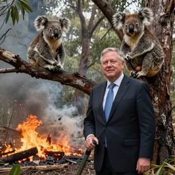 Prime Minister Scott Morrison in front of a forest fire, not holding a hose, smoke, , cinematic, hyper realism, high detail, vivid colors, octane render, unreal engine, 8k, koala bear in tree