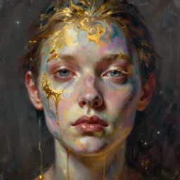 🌈 face, paint drip, phantom, dreary, dramatic, fluid, iridescent, golden ratio, artstation, moebius + loish + wlop, hd, oil painting, hyper realistic,