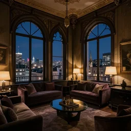 photo of dim lit art deco apartment with view over a city with gothic interior during night
