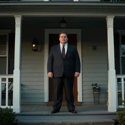 cinematic film still from 1994 film: portly clean-shaven white man wearing suit and necktie standing on the front porch of his house. XF IQ4, f/1.4, ISO 200, 1/160s, 8K, RAW, dramatic lighting, symmetrical balance, in-frame
